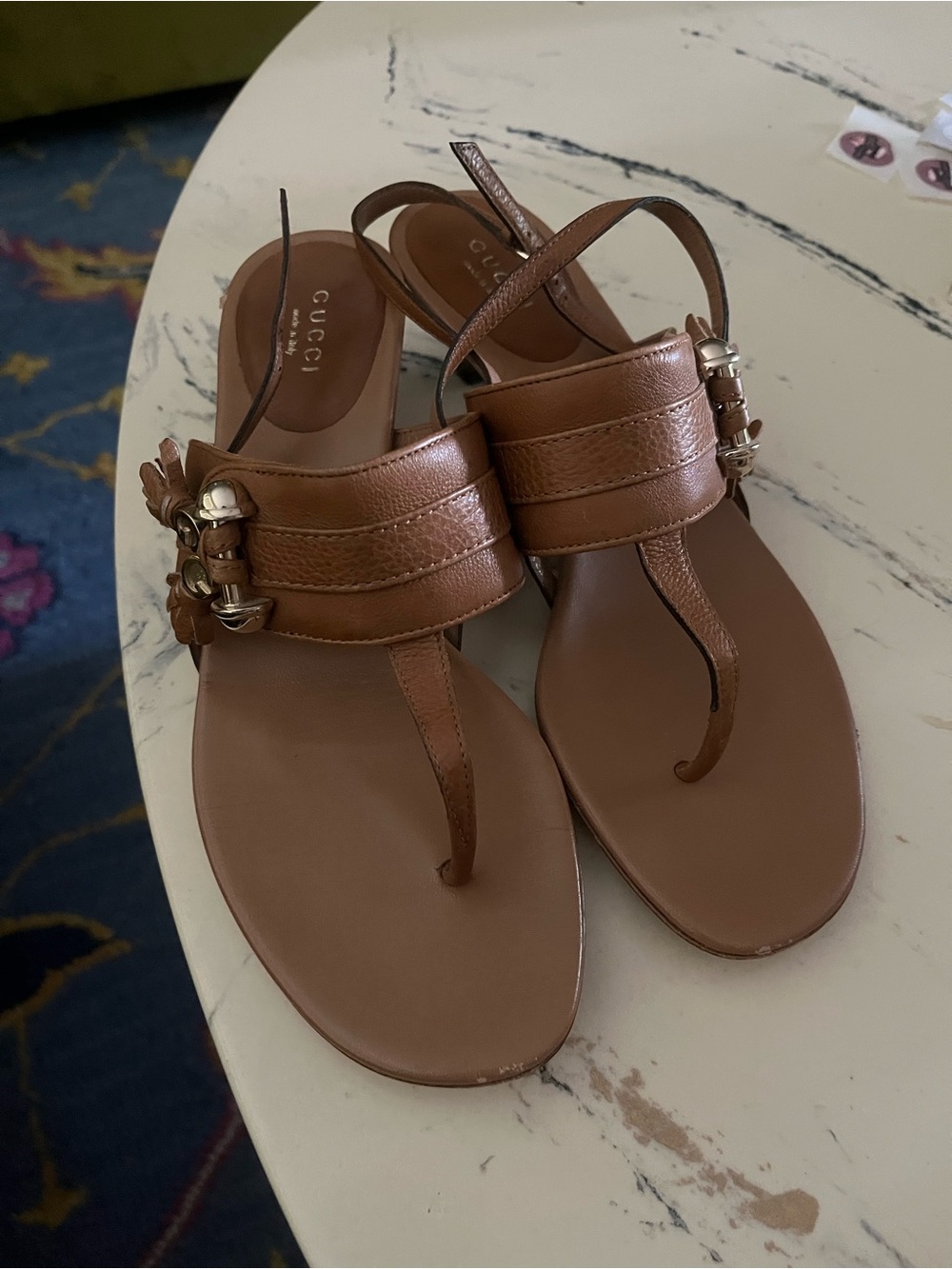 Gucci Tan Leather Thong Sandals with Decorative Hardware